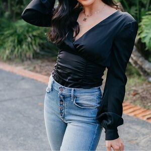 Black Ruched Women's Long Sleeve Bodysuit